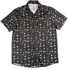 Buc-ees Shirt Mens Small Black AOP UFO Space Ships‎ Planets Button Up Hawaiian